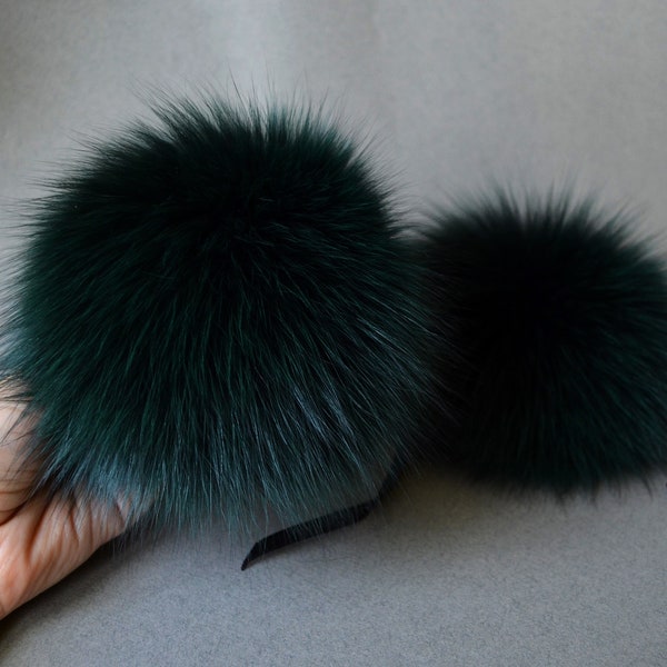 Dark green fur pom pom Arctic fox pom pom Real fur pom pom for knitted hat Large soft fur pompom Forest emerald pine furry ball 5 6  inches