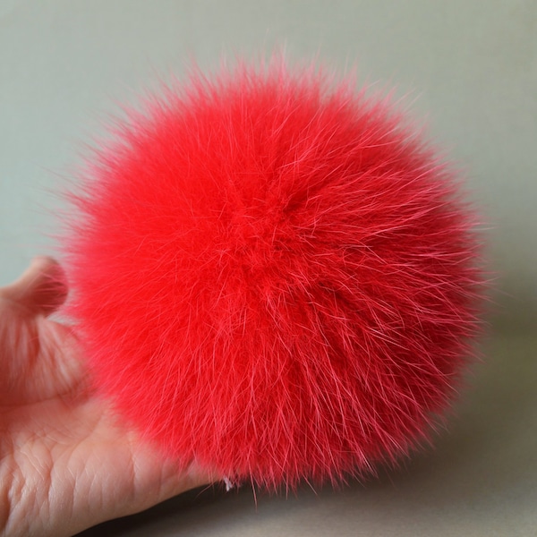 Red bright fur pom pom Real fur ball Arctic fox pompom Genuine XLarge fur pom-pom for knit hat Soft Furry ball 15 cm 6 inches