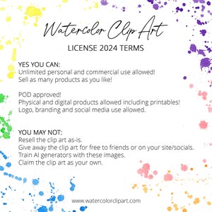 Peut inclure: Graphique num&eacute;rique avec le texte "Watercolor Clip Art" et "License 2024 TERMS". Le fond pr&eacute;sente des &eacute;claboussures de peinture aquarelle color&eacute;es. Le texte d&eacute;taille les autorisations d'utilisation, y compris l'usage personnel et commercial, et les restrictions.