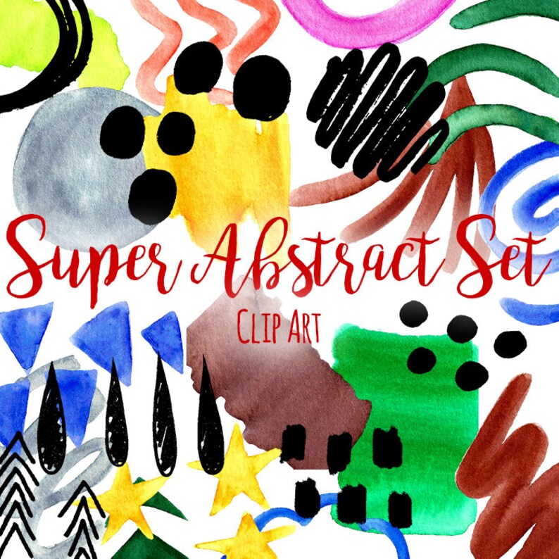 Peut inclure: Un ensemble de clip art aquarelle vibrant avec des formes abstraites de diff&eacute;rentes couleurs. Le design comprend des &eacute;toiles jaunes, des triangles bleus, des cercles noirs et des coups de pinceau rouges, verts et bruns. Le texte en cursive rouge indique "Super Abstract Set" et "Clip Art".