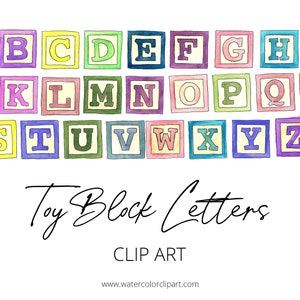 Toy Block Letters Clip Art, Letras de acuarela arco iris, DESCARGA INSTANTE, Letras de bloque multicolores, Clip Art para niños, Arte de letras de bloque de madera