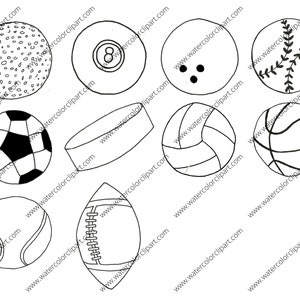 Puede incluir: Dibujos en blanco y negro de varios balones deportivos, incluyendo una pelota de golf, una bola de bolos, un bal&oacute;n de f&uacute;tbol, un disco de hockey, un bal&oacute;n de voleibol, un bal&oacute;n de baloncesto, una pelota de b&eacute;isbol, una pelota de tenis y una pelota de rugby.