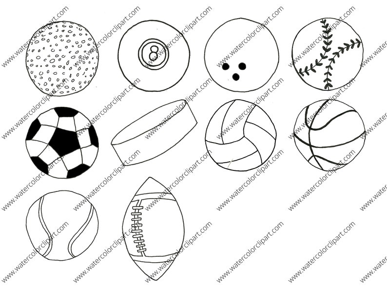 Puede incluir: Dibujos en blanco y negro de varios balones deportivos, incluyendo una pelota de golf, una bola de bolos, un bal&oacute;n de f&uacute;tbol, un disco de hockey, un bal&oacute;n de voleibol, un bal&oacute;n de baloncesto, una pelota de b&eacute;isbol, una pelota de tenis y una pelota de rugby.