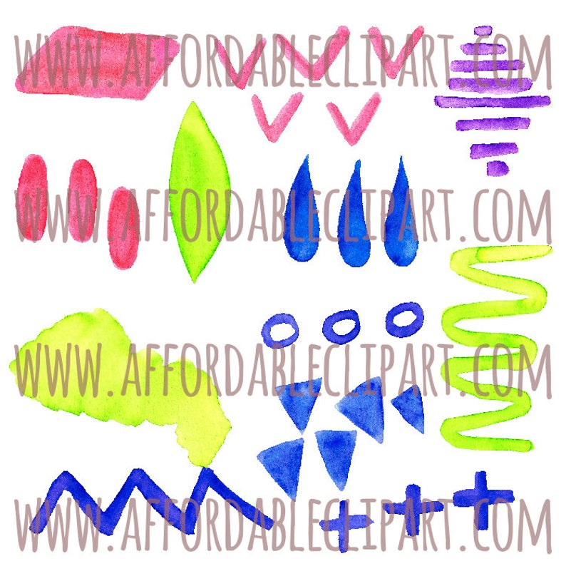 Peut inclure: Ensemble de formes abstraites &agrave; l'aquarelle en rose, vert, bleu et violet sur fond blanc. Comprend des coches, des gouttes et des zigzags. Le texte "WWW.AFFORDABLECLIPART.COM" est visible.