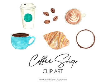 Hand Painted Coffee Shop ClipArt PNG, Latte Art ClipArt, Watercolor Clip Art, INSTANT DOWNLOAD, Watercolor Croissant Art, Coffee Clip Art