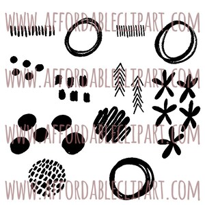 Peut inclure: &Eacute;l&eacute;ments d'art num&eacute;rique abstraits en noir et blanc. Comprend des cercles, des points, des tirets, des gribouillis et des formes florales. Le texte "WWW.AFFORDABLECLIPART.COM" est r&eacute;p&eacute;t&eacute; sur l'image.