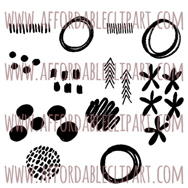 Peut inclure: &Eacute;l&eacute;ments d'art num&eacute;rique abstraits en noir et blanc. Comprend des cercles, des points, des tirets, des gribouillis et des formes florales. Le texte "WWW.AFFORDABLECLIPART.COM" est r&eacute;p&eacute;t&eacute; sur l'image.