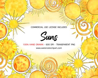 Unlimited Commercial Use INCLUDED, Watercolor Yellow Sun PNG Clip Art, Summer clip art, hand painted Spring Clipart, You are my sunshine