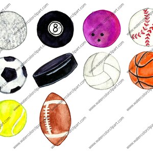 Puede incluir: Ilustraciones de acuarela de varios balones deportivos, incluyendo una pelota de golf, una pelota de f&uacute;tbol, una pelota de b&eacute;isbol, una pelota de baloncesto, una pelota de voleibol, una pelota de tenis, una bola de bolos, un disco de hockey, una bola de billar 8 y una pelota de f&uacute;tbol americano.