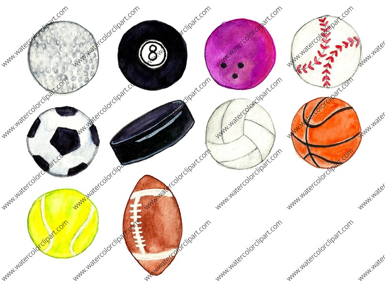 Puede incluir: Ilustraciones de acuarela de varios balones deportivos, incluyendo una pelota de golf, una pelota de f&uacute;tbol, una pelota de b&eacute;isbol, una pelota de baloncesto, una pelota de voleibol, una pelota de tenis, una bola de bolos, un disco de hockey, una bola de billar 8 y una pelota de f&uacute;tbol americano.