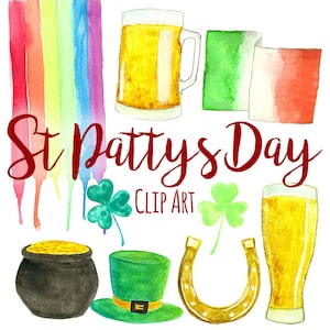 May include: St. Patty's Day clip art featuring a rainbow, shamrocks, a pot of gold, a leprechaun hat, a horseshoe, and two glasses of beer.