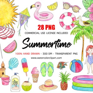 Usage commercial inclus, clipart été aquarelle peint à la main, clipart vacances d'été, clipart plage pour mugs, PNG Transparent