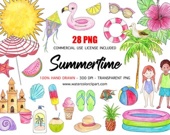 Commercial Use INCLUDED, Hand Painted Watercolor Summertime ClipArt, Summer Vacation Clip Art, Beach Clip Art for Mugs, Transparent PNG