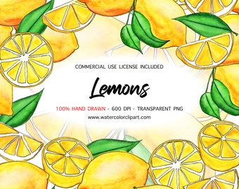 Aquarell Zitronen Clip Art für kommerzielle Nutzung, Zitronenscheibe Clipart, Limonadenstand Schild, Amalfikern Clip Art für die Sommerbrautsparty