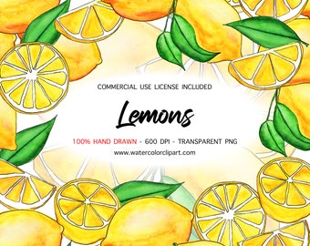 Watercolor Lemons Clip Art for Commercial Use, Lemon Slice Clipart, Lemonade Stand Sign, Citrus Clip Art for Summertime Bridal Shower Party