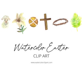 May include: Watercolor Easter clip art set featuring a lamb, lily, cross, crown of thorns, and palm branch.  The set is perfect for creating Easter cards, invitations, and other crafts.