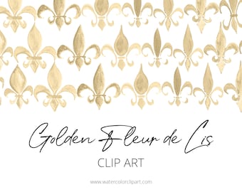 Hand Painted Gold Watercolor Mardi Gras Fleur de Lis Clip Art, INSTANT DOWNLOAD, Metallic Fleur de Lis, Golden Fleur de Lis, New Orleans