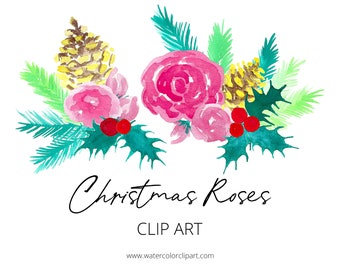 Christmas Florals Digital PNG Files Clip Art for Commercial Use, Watercolor Christmas Wreath Clip Art For Planner Stickers, Pinecone Clipart