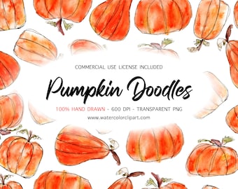 COMMERCIAL USE Included, Watercolor Pumpkin Doodle Clip Art for Invitations, Halloween Watercolor, Thanksgiving clip art, Fall Wedding