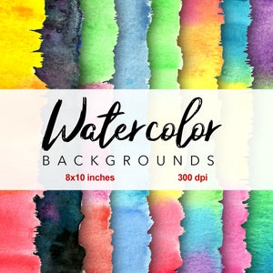 May include: A collection of colorful watercolor backgrounds with vertical brushstroke designs. The image includes the text "Watercolor Backgrounds" and the dimensions "8x10 inches" and "300 dpi". The backgrounds feature a variety of colors.