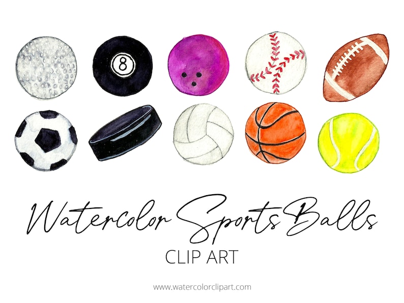 Puede incluir: Clipart de acuarela de nueve bolas de deporte diferentes, incluyendo una bola de golf, una bola de billar, una bola de bolos, una pelota de b&eacute;isbol, una pelota de f&uacute;tbol americano, una pelota de f&uacute;tbol, un disco de hockey, una pelota de voleibol, una pelota de baloncesto y una pelota de tenis. Las bolas est&aacute;n pintadas en un estilo realista con acuarela.