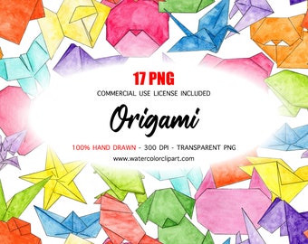 Watercolor Origami Clip Art, Japanese Clipart, Unlimited Commercial License INCLUDED, Origami Paper Crane Painting, Simple Shapes Clip Art