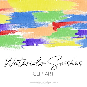 May include: Colorful watercolor swishes in yellow, blue, green, purple, orange, and red hues. The image features a white background with the text "Watercolor Swishes" and "CLIP ART". The website address is also visible.