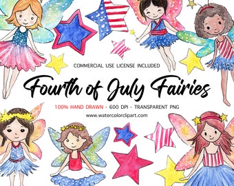 Unlimited Commercial Use Included, 4th of July patriotic clipart png, Fairy clip art watercolor, stars clip art, red white and blue png