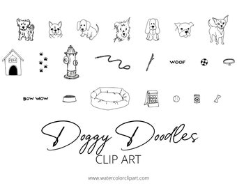 Puede incluir: Ilustraciones de clip art en blanco y negro de perros, huesos de perro, comida para perros, una cama para perros, una casa para perros, una boca de incendios, una correa, una pelota, un collar, huellas de patas y las palabras "Bow Wow" y "Woof".