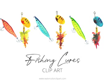 Hand Painted Watercolor Fishing Lures ClipArt, INSTANT DOWNLOAD, Father's Day Clipart, Hand Painted Fish Clipart, HandDrawn Fishing Clipart
