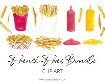 Bagged french fries clipart, watercolor clipart, digital clipart, DIY kit, french fries clip art bundles, kids party invitation clipart