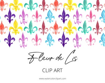 Acuarela pintada a mano Mardi Gras Fleur de Lis Clip Art, DESCARGA INSTANTE, Rainbow Fleur de Lis, Multicolor Fleur de Lis, Nueva Orleans, NOLA