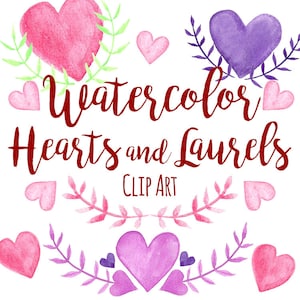 Watercolor Valentine's Hearts Laurels Clip Art, Valentines Clipart, DIGITAL DOWNLOAD, Watercolor Heart Clipart, Commercial Use, Hand Painted