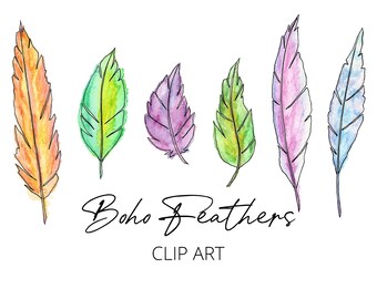 Pen and Ink Watercolor Feathers Clip Art, Custom Invites Clip Art, Boho Watercolor Feathers Clip Art, Boho Clip Art, Pen and Ink Clip Art