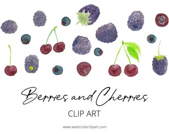 Cherries and Berries Clip Art, Cherries Clip Art, Blueberries Clip Art, Blackberries Clip Art, INSTANT DOWNLOAD, Watercolor Clip Art