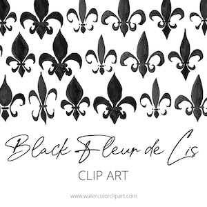 Aquarelle noire peinte à la main Mardi Gras Fleur de Lys Clip Art, TÉLÉCHARGEMENT IMMÉDIAT, Fleur de lys gris foncé, Fleur de lys dorée, La Nouvelle-Orléans