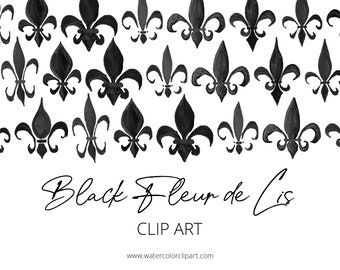 Pintado a mano acuarela negra Mardi Gras Fleur de Lis Clip Art, DESCARGA INSTANTE, Fleur de Lis gris oscuro, Fleur de Lis dorado, Nueva Orleans