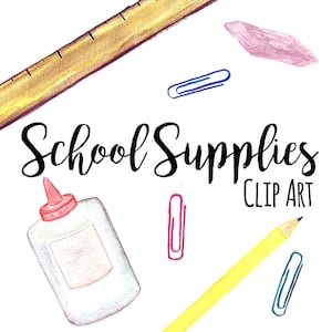 Aquarell Schulbedarf Clip Art, Kleber Flasche Clipart, DIGITALER DOWNLOAD, Lehrerbedarf, Aquarellstifte Clipart, handgemalt
