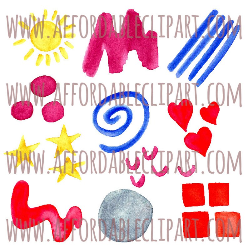 Peut inclure: Ensemble de cliparts aquarelle avec un soleil jaune, la lettre M rose, des lignes bleues, des cercles roses, une spirale bleue, des coeurs rouges, des &eacute;toiles jaunes, des formes roses, un cercle gris et des carr&eacute;s rouges. Texte : "www.affordableclipart.com".