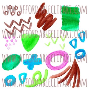 Peut inclure: Ensemble de formes abstraites &agrave; l'aquarelle dans des couleurs vari&eacute;es, dont le vert, le bleu, le rose et le marron, sur fond blanc. Les formes comprennent des cercles, des zigzags et des formes organiques. Texte: WWW.AFFORDABLECLIPART.COM.