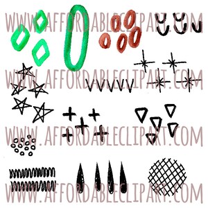 Peut inclure: Une collection d'&eacute;l&eacute;ments de clip art num&eacute;riques dessin&eacute;s &agrave; la main de diff&eacute;rentes formes et couleurs. Comprend des losanges verts et un ovale vert, des anneaux marron, des &eacute;toiles noires, des croix, des triangles et d'autres formes abstraites. Le texte "WWW.AFFORDABLECLIPART.COM" est visible.