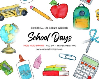 COMMERCIAL LICENSE included, Watercolor School Supplies Clip Art, Glue Bottle Clipart, Teacher Supplies, Stack of Books, School Graphics