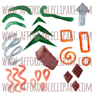 Peut inclure: Ensemble de formes abstraites &agrave; l'aquarelle en vert, orange, marron et gris. L'image comprend des fl&egrave;ches, des zigzags, des carr&eacute;s et d'autres formes g&eacute;om&eacute;triques. Le texte "www.affordableclipart.com" est en filigrane sur l'image.
