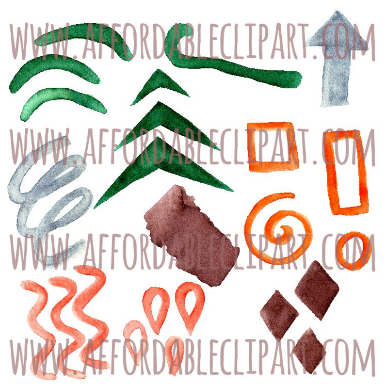 Peut inclure: Ensemble de formes abstraites &agrave; l'aquarelle en vert, orange, marron et gris. L'image comprend des fl&egrave;ches, des zigzags, des carr&eacute;s et d'autres formes g&eacute;om&eacute;triques. Le texte "www.affordableclipart.com" est en filigrane sur l'image.