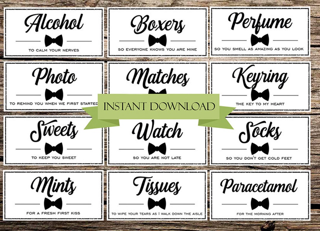 Set of 12 DIY Groom Survival Kit Tags, Printable Grooms Bow Gift Tags ...