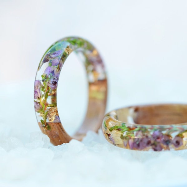 Anillo de flores de brezo rosa bosque, Anillo de bodas de naturaleza de madera, Anillo de flores de brezo real, Anillo de madera de brezo, Anillo de flores de brezo natural