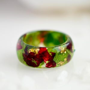 Red Rose Romantic Ring, Real Pressed Green Leaves, Promise Ring, Pressed Flower Ring, Nature Resin Ring, Engagement Flower Ring, Women Rings