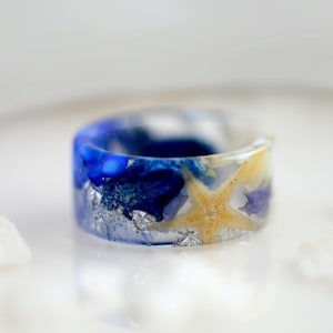 Blue Water Ring, Summer Sea Ring, Blue Lapis Lazuli Ring, Statement Starfish Ring, Beach Ring for Women, Sea Lover Gift. Orchid Resin Ring