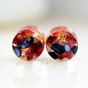 Puede incluir: Un par de expansores de oreja de resina transparente llenos de flores secas coloridas, piedras rojas y azules y copos de oro. Los expansores tienen forma cilíndrica y están sobre un fondo blanco.