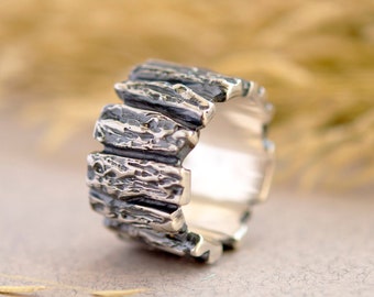 Men's Rustic Tree Bark Silver Ring. Personalised Silver Tree Bark Wedding Rings,  Rustic Wedding Band, silver rings for men,
